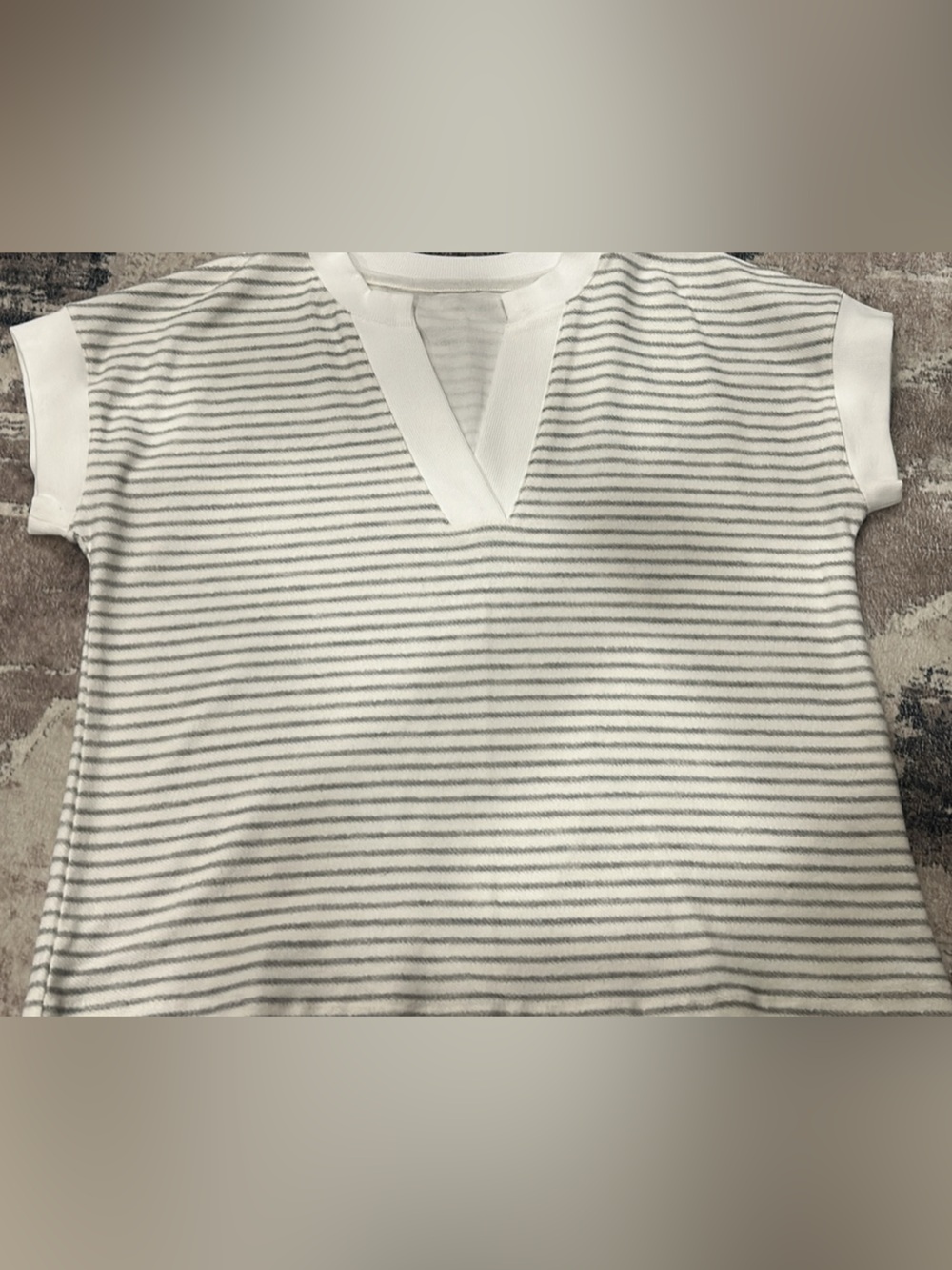 Women’s Short Sleeve Stripe V-Neck Tee in White and Gray